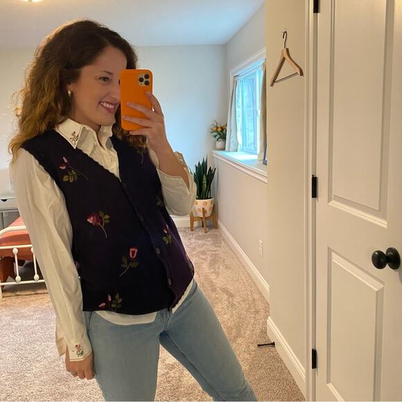 Deadstock Vintage Tulchan Purple Needlepoint Floral Top and Vest Set Small - Picture 5 of 16